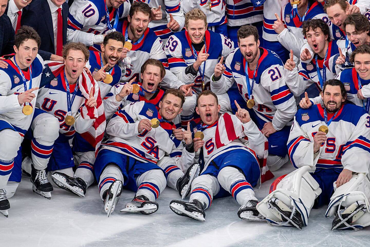 USA men's hockey team  celebrates gold medal win