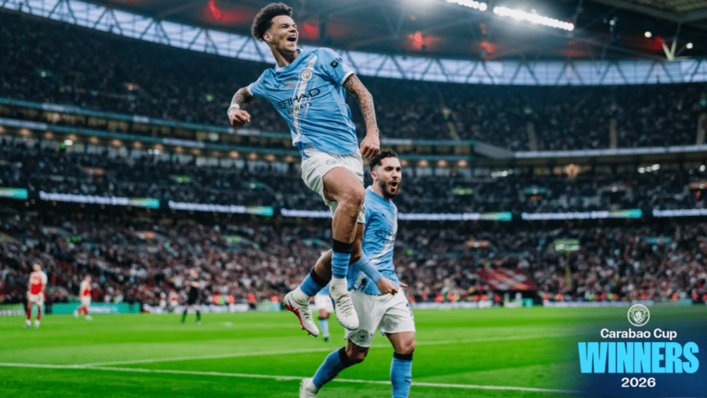 Nico o'reilly celebrates goal in the carabao cup final