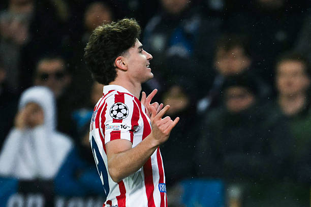 Julian Alvarz celebrates after scoring in the champions league vs Barcelona
