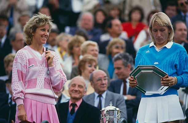 American tennis players Chris Evert and Martina Navratilova